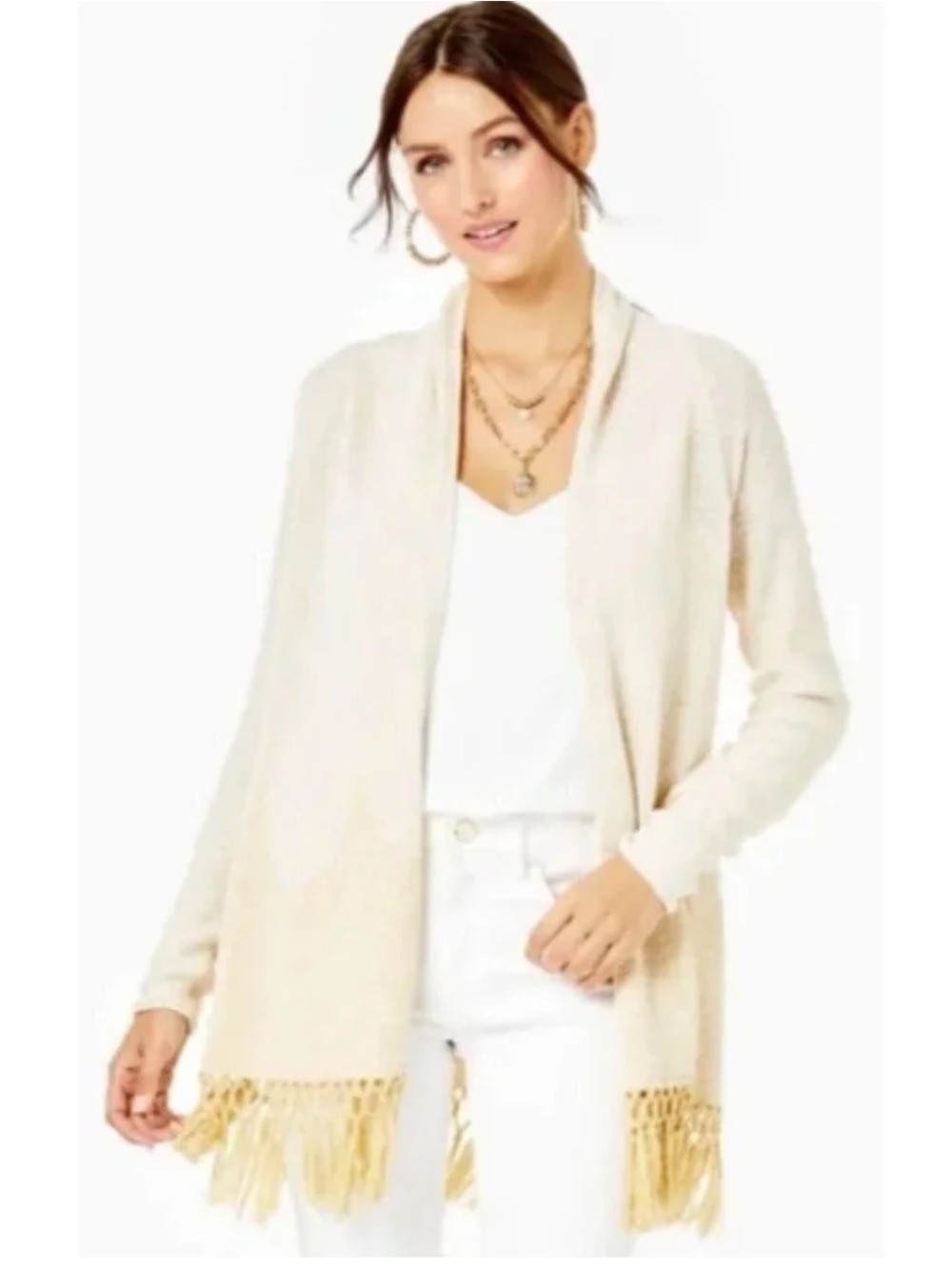 Lilly Pulitzer Tatum tan gold fringe tassel open front cardigan size large